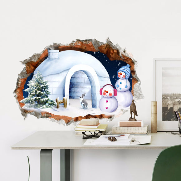 PAG 3D Christmas Snowman House Sticker Wall Decals Home 3D Christmas Wall Hole Decor Gift