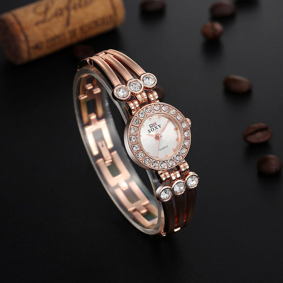 SOXY 0016 Crystal Round Dial Ladies Bracelet Watch Stainless Steel Strap Quartz Watches