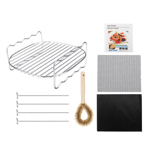 Stainless Steel Air Fryer Baking Tray BBQ Grill Rack w/ Skewers Brush for Cooking Grilling Drying