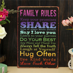 Family Rules Retro Metal Painting Sheet Metal Drawing Home Poster Sign Tin Wall Decor