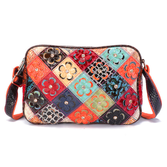 Women Genuine Leather Patchwork Flower Decorational Crossbody Bag Shell Bag