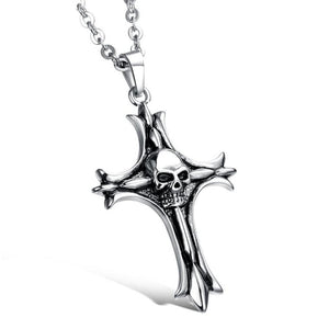 Trendy Men's Silver Skull Cross Punk Stainless Steel Charm Necklace