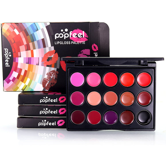 Popfeel 15 Colors Lip Gloss Palette Professional Nude Lipstick Tint Mini Makeup Plate