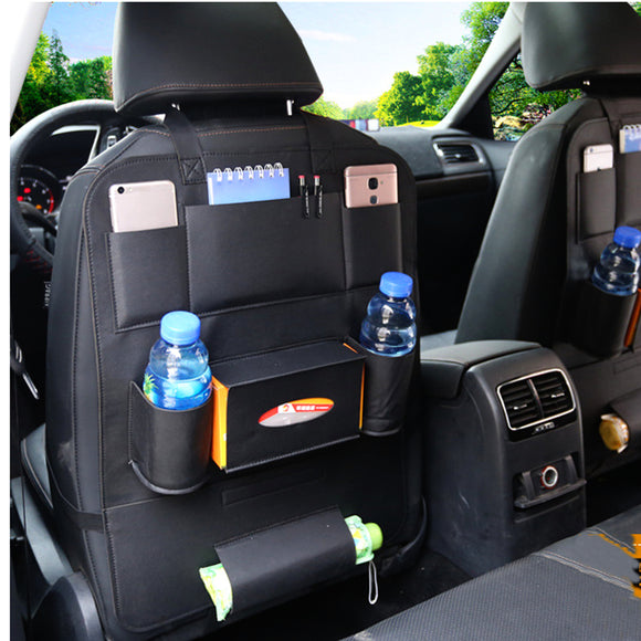 PU Leather Black Car Seat Back Storage Bag Waterproof Multi-functional Cup Holder Organizer