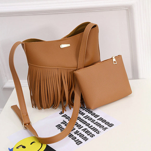 Women 2 PCS Tassel Faux Leather Shoulder Bag Solid Bucket Crossbody Bag