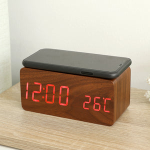 Wooden Digital Electronic Clock Alarm Clock With Wireless Charging Function