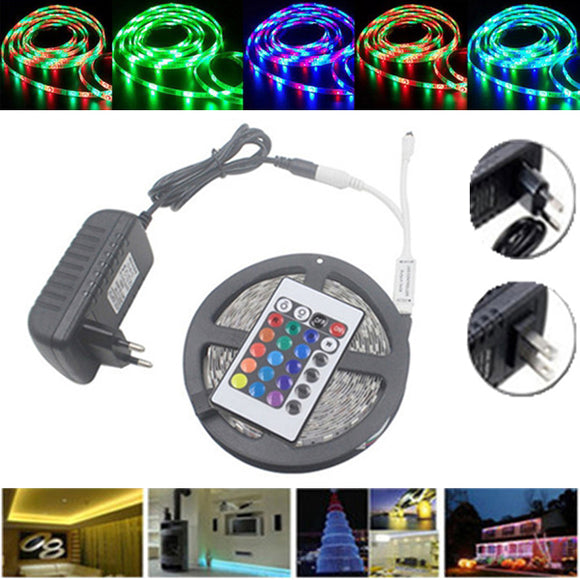 5M Waterproof 3528 RGB 300 LEDs  Flexible Strip Light 24 Keys IR Remote + Power Adapter DC12V