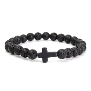 Cross Lava Rock Stone Beads Elastic Men Bracelet