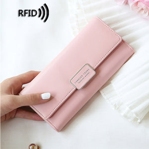 Women RFID Trifold Long Wallet 9 Card Slots Card Holder Multi-function Phone Bag Solid Coin Purse