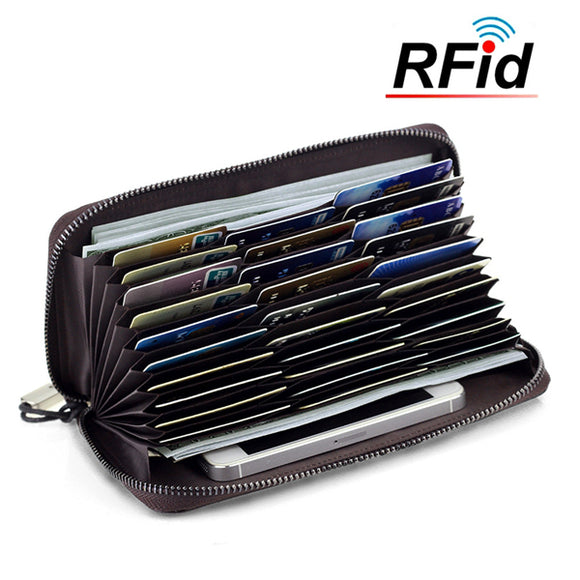 Genuine Leather RFID Card Organizer Wallet Zip Around Card Holder Phone Bag with 30 Card Slots