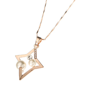 Elegant Rose Gold Plated Pearl Shiny Zircon Lucky Star Pendant Necklace Fashion Women Jewelry Gift