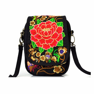 Woman National Floral Canvas 5.5 Inches Phone Bag Casual Crossbody Bag