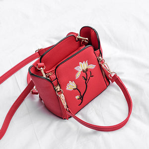 Women PU Leather Floral Pattern Bucket Bag Handbag Shoulder Bag