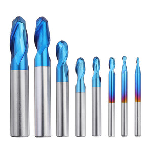 Drillpro 8PCS HRC55 Blue Nano Tungsten Carbide Ball Nose End Mill Set R1-R6 Milling Cutter CNC Router Bits for Metal Wood Stainless Steel Aluminum Copper Plastic Acrylic