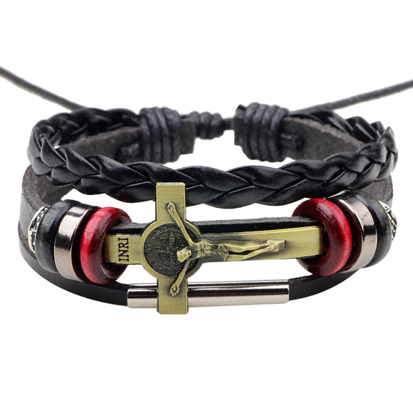 Trendy Multilayer Leather Cross Jesus Pendant Men Bracelet Adjustable Bangle Chain