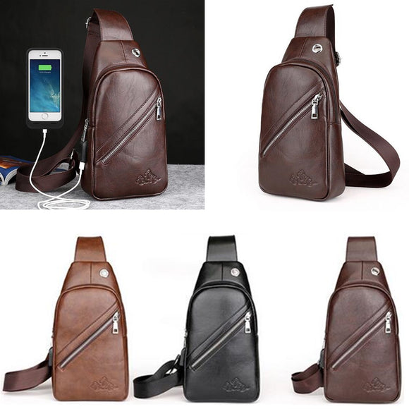 Men PU Leather Casual Travel USB Charging Shoulder Crossbody Bag for iPad Phone