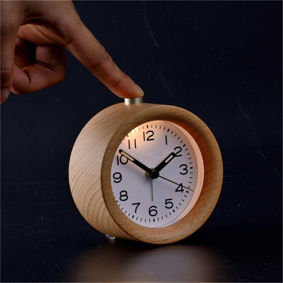 Classical Table LED Desk Wood Wooden Alarm Clock Snooze Beech Round Silent Decor