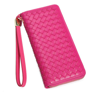 Women Men Genuine Leather Woven Pattern 8 Card Slots Cell Phone Wallet Coins Bag Wallet