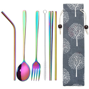 5 Pieces Portable Spoon Chopsticks Set Reusable Stainless Steel Spoon Chopsticks Straw Set