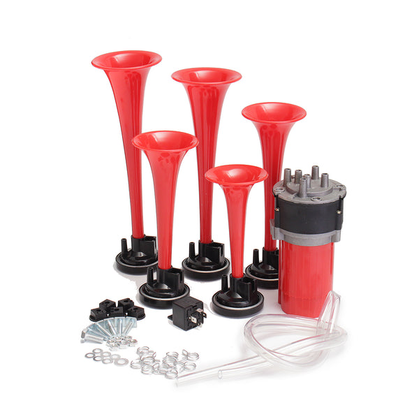 5pcs 178DB 12V Compressor Air Horn Kit Red Trumpets Dukes Car Truck