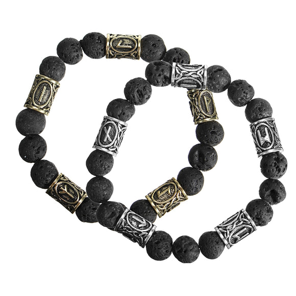 Retro Norse Viking Rune Spacer Lava Stone Rock Beads Bracelet Bangle for Men