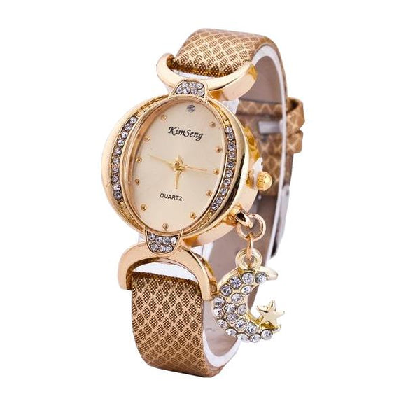 KIMSENG 10355 Fashion Moon Pendant Women Watch Casual Bilateral Drill Oval Wrist Watch