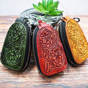 Women Men Genuine Leather Vintage Pattern Key Bag Car Key Holder