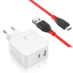 BlitzWolf BW-S11 30W Type-C PD/QC3.0+2.4A Dual USB Charger EU Adapter + BW-TC12 3A USB Type-C Charging Data Cable 3ft/0.9m