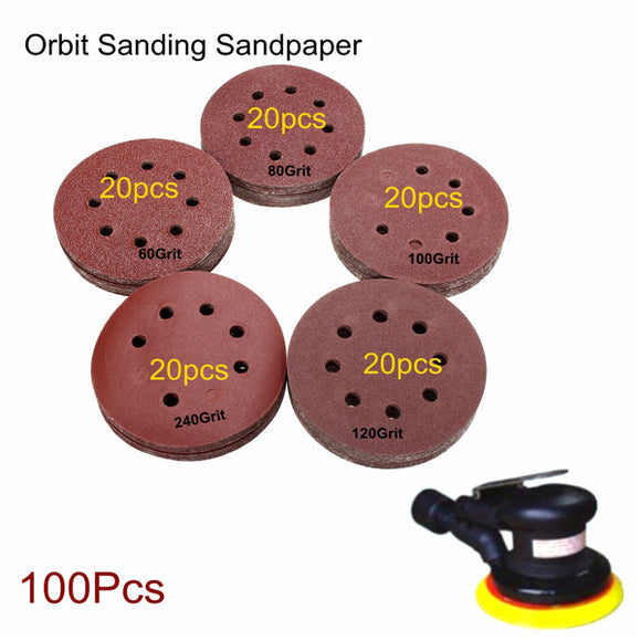 100pcs 125mm 8 Holes Abrasive Sand Discs 60-240 Grit Sanding Papers