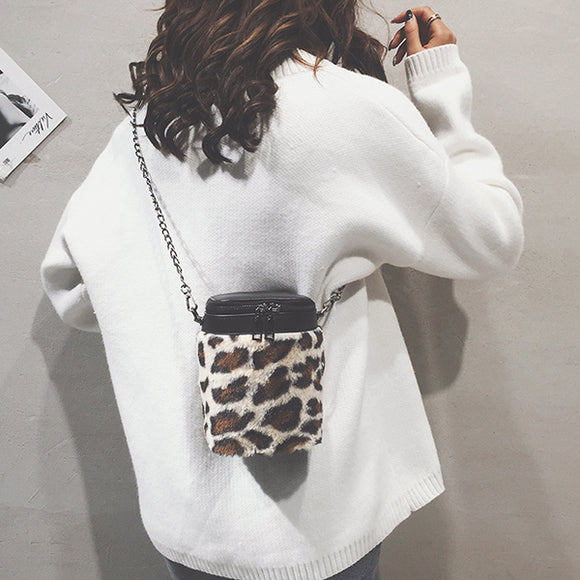 Women Leisure Leopard Plush Bag Chain Zipper Bucket Bag Shoulder Bag Crossbody Bag