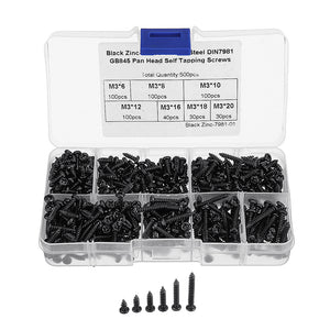 Suleve M3CP1 500Pcs M3 Phillips Screw Black Zinc-Plated Carbon Steel Pan Head Self Tapping Woodworking Screws Assortment Kit