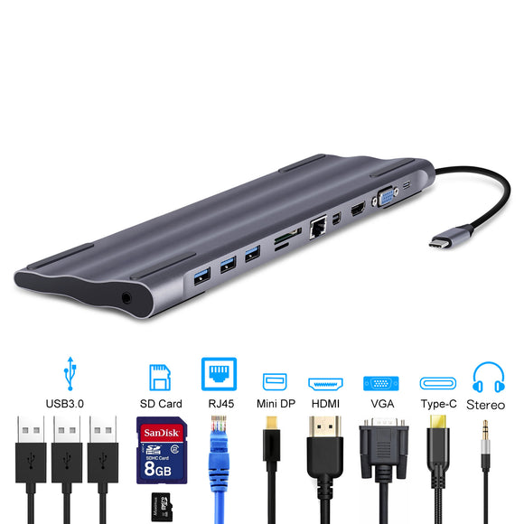 Bakeey 11-in-1 USB-C Type-C Hub Adapter With 3 * USB 3.0 Ports / 60W Type-C PD Charging Port / 4K HD Display Interface / Mini DP / VGA / Gigabit RJ45 / 3.5mm Audio Jack / Memory Card Readers