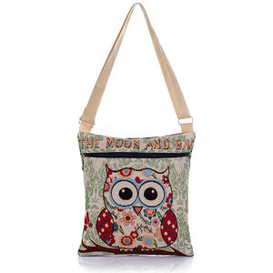 Owl and Floral Printed Embroidery Canvas Tote Casual Large Capacity Shopping Bag Daily Handbags