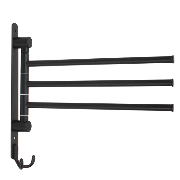 Black Swing Out Towel Bar 3-Bar Alloy Swivel Wall Mounted Hanger with Hooks