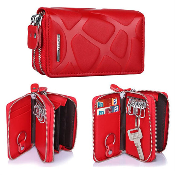 Genuine Leather Stone Pattern Card Holder Double Zipper Key Chain Short Purse Wallets Coin Bags