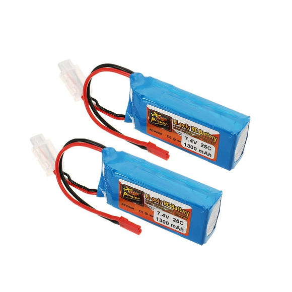 2 PCS ZOP Power 7.4V 1300mah 25C 2S Lipo Battery JST Plug