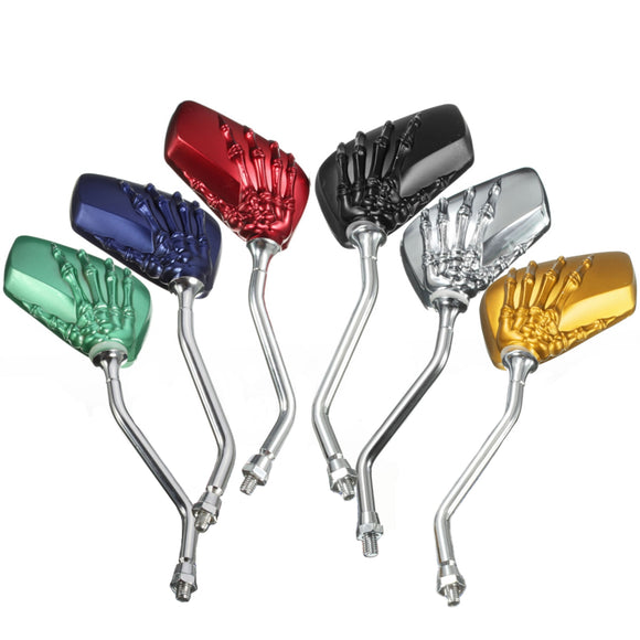 Universal 8mm Motorcycle Skeleton Skull Hand Rear View Side Mirrors 6 Colors