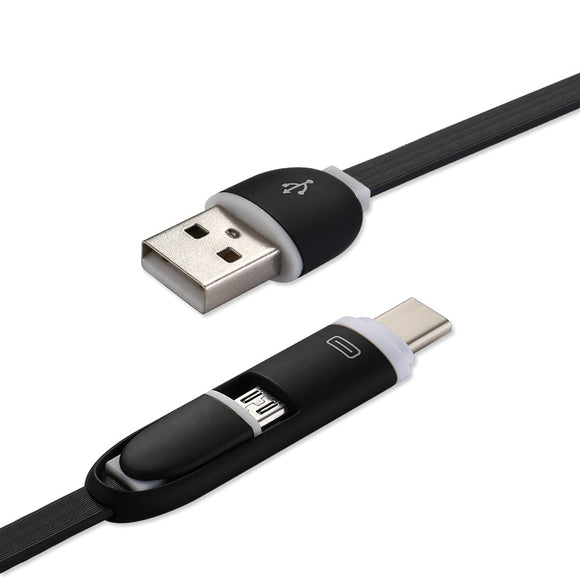 Type-C Micro USB 2 in 1 Flat Charging Date Black Cable for HUAWEI Samsung Xiaomi