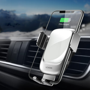 Licheers Metal Glass 10W Qi Wireless Charger Infrared Sensor Auto-clamping Air Vent Car Phone Holder For 4.0 Inch - 6.5 Inch Smart Phone