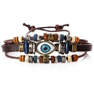 Multilayer Beaded Bracelet Eyeball Hand Woven Artificial Leather Bracelet for Women Men