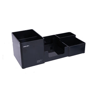 Deli 9118 Multi-Function Pen Holder Desktop Storage Box Black And White Plastic Multi-Storage Box