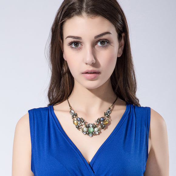 Alloy Vintage Colourful Crystal Necklace Symmetrical Flower Accessories Women Jewelry