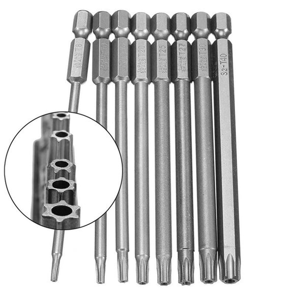 8pcs T8-T40 100mm Magnetic Torx Screwdriver Bits 1/4 Inch Hex Shank