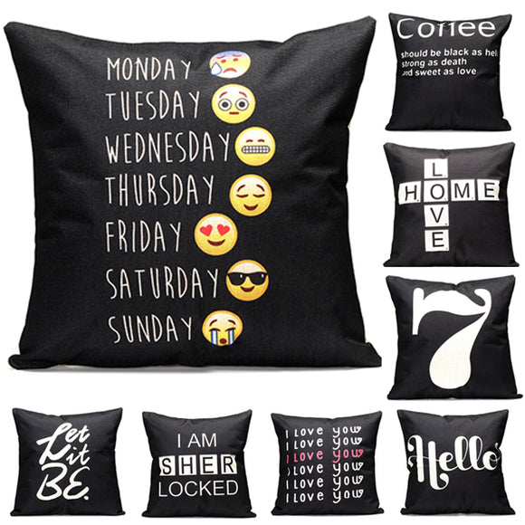 43x43cm Black English Letter Fashion Cotton Linen Pillow Case Home Sofa Seat Bed Car Cushion Decor