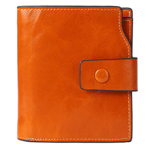 Women Genuine Leather RFID Blocking Secure Trifold Wallet 9 Card Slots Protective Short Wallet