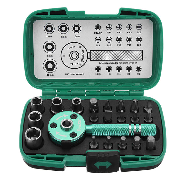 ProsKit 22 Pcs Palm Ratchet Wrench Bit Multi-functional Socket Set Mini Ratchet Tools