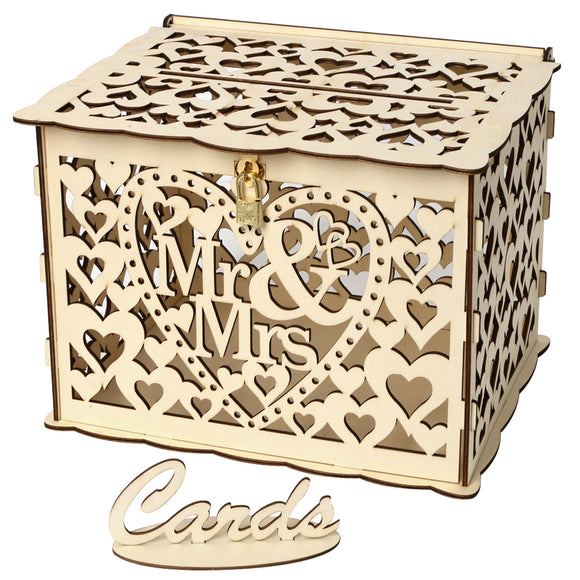 DIY Wedding Gift Cards Box Wooden Money Storage with Lock Decor Supplies