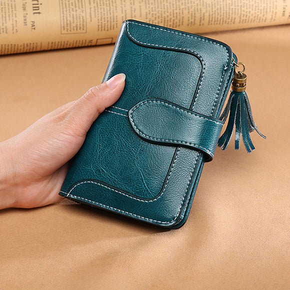 Women Genuine Leather Vintage Trifold Short Wallet 13 Card Slots Card Holder Coin Purse