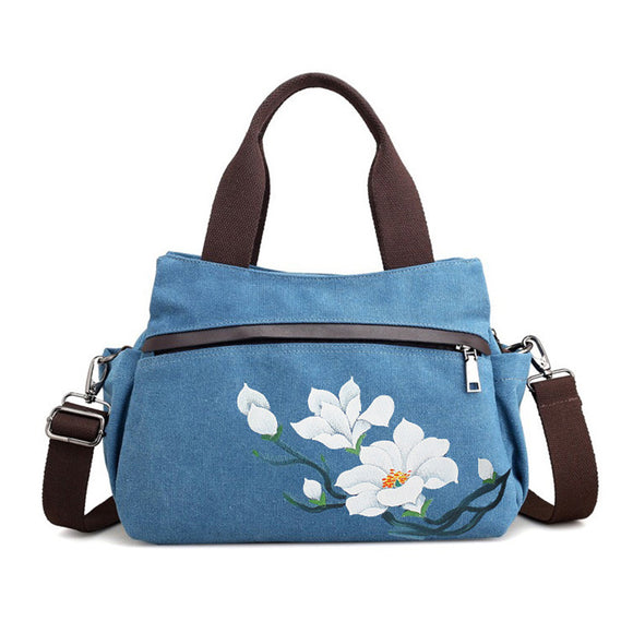 Brenice Women Lotus Canvas Tote Handbag Chinese Style Front Pockets Shoulder Crossbody Bag