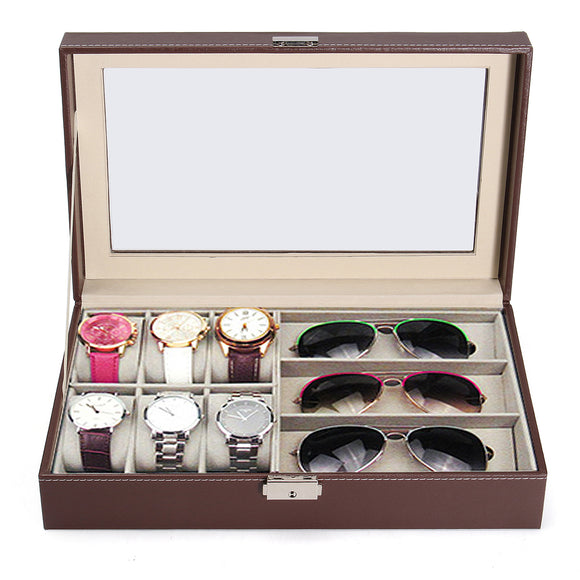 Multi-grid Wood Leather Glasses Box Glass Storage Watch Display Case